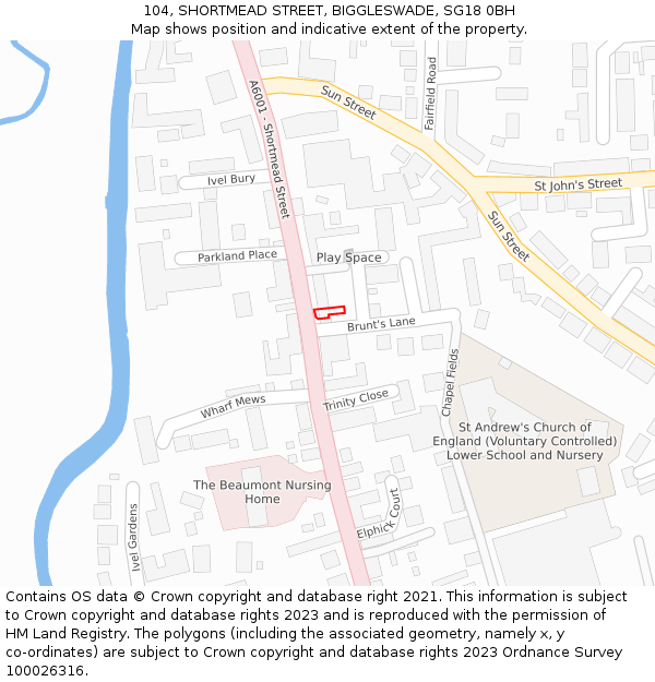 104, SHORTMEAD STREET, BIGGLESWADE, SG18 0BH: Location map and indicative extent of plot