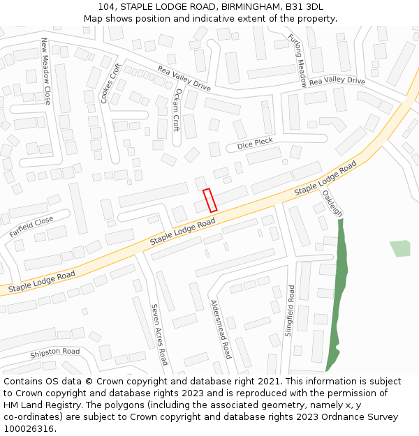 104, STAPLE LODGE ROAD, BIRMINGHAM, B31 3DL: Location map and indicative extent of plot