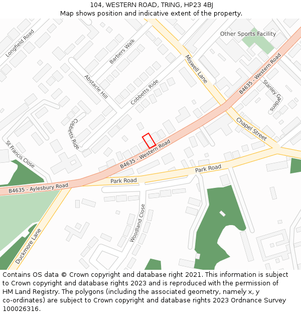 104, WESTERN ROAD, TRING, HP23 4BJ: Location map and indicative extent of plot