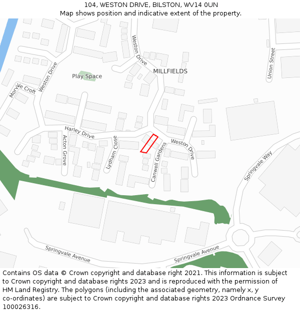 104, WESTON DRIVE, BILSTON, WV14 0UN: Location map and indicative extent of plot