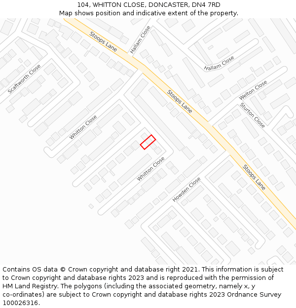 104, WHITTON CLOSE, DONCASTER, DN4 7RD: Location map and indicative extent of plot