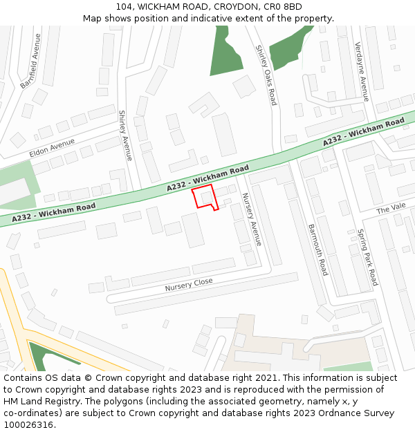 104, WICKHAM ROAD, CROYDON, CR0 8BD: Location map and indicative extent of plot
