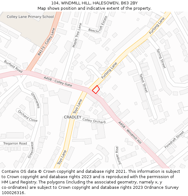 104, WINDMILL HILL, HALESOWEN, B63 2BY: Location map and indicative extent of plot