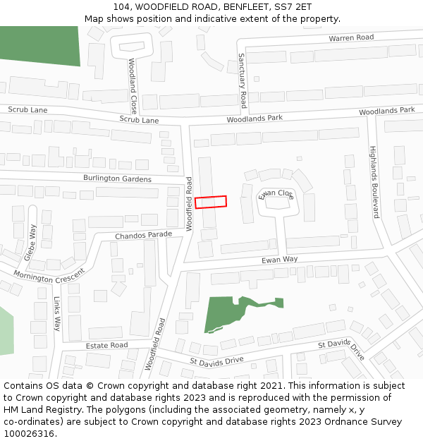 104, WOODFIELD ROAD, BENFLEET, SS7 2ET: Location map and indicative extent of plot