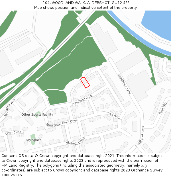 104, WOODLAND WALK, ALDERSHOT, GU12 4FF: Location map and indicative extent of plot