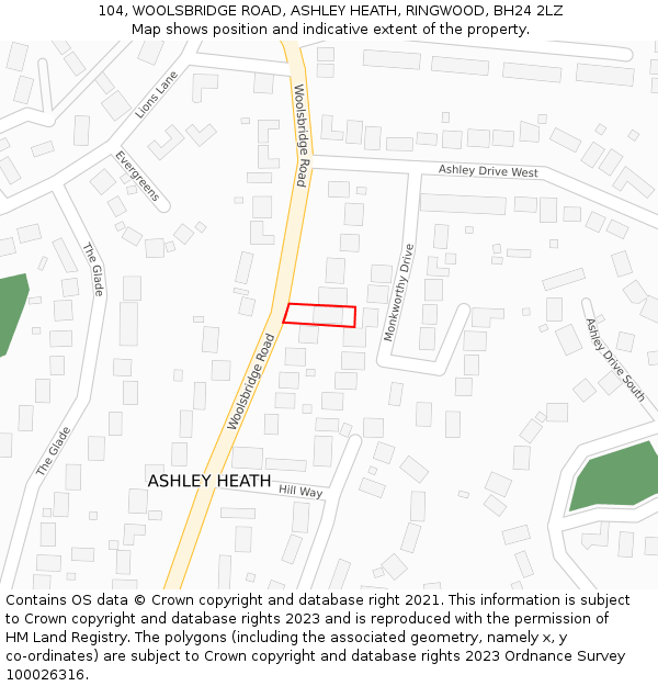 104, WOOLSBRIDGE ROAD, ASHLEY HEATH, RINGWOOD, BH24 2LZ: Location map and indicative extent of plot