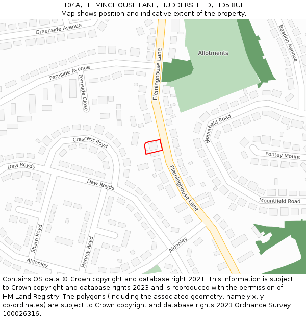 104A, FLEMINGHOUSE LANE, HUDDERSFIELD, HD5 8UE: Location map and indicative extent of plot