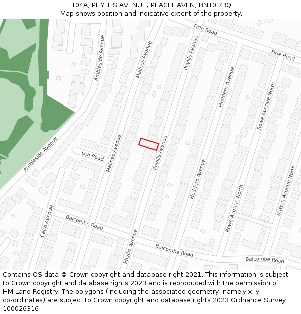 104A, PHYLLIS AVENUE, PEACEHAVEN, BN10 7RQ: Location map and indicative extent of plot