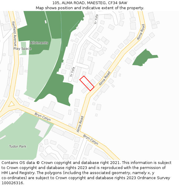 105, ALMA ROAD, MAESTEG, CF34 9AW: Location map and indicative extent of plot