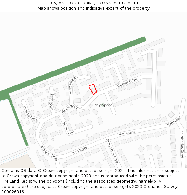 105, ASHCOURT DRIVE, HORNSEA, HU18 1HF: Location map and indicative extent of plot