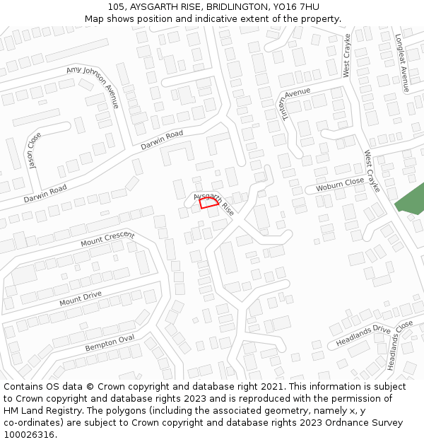 105, AYSGARTH RISE, BRIDLINGTON, YO16 7HU: Location map and indicative extent of plot