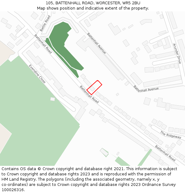 105, BATTENHALL ROAD, WORCESTER, WR5 2BU: Location map and indicative extent of plot