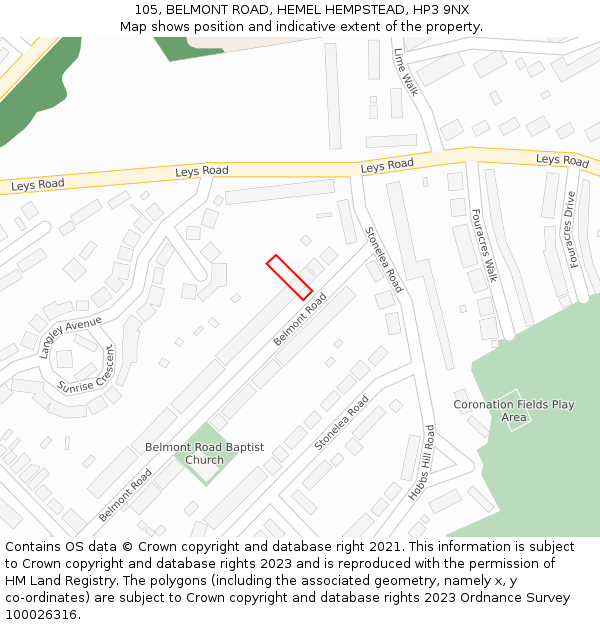 105, BELMONT ROAD, HEMEL HEMPSTEAD, HP3 9NX: Location map and indicative extent of plot