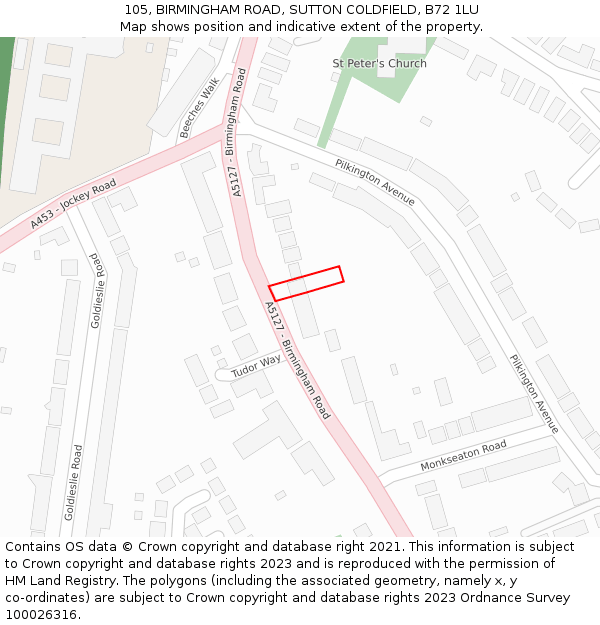105, BIRMINGHAM ROAD, SUTTON COLDFIELD, B72 1LU: Location map and indicative extent of plot