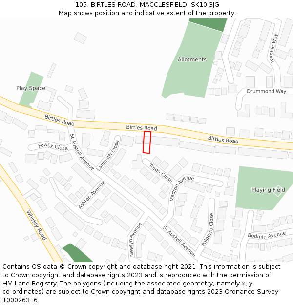 105, BIRTLES ROAD, MACCLESFIELD, SK10 3JG: Location map and indicative extent of plot