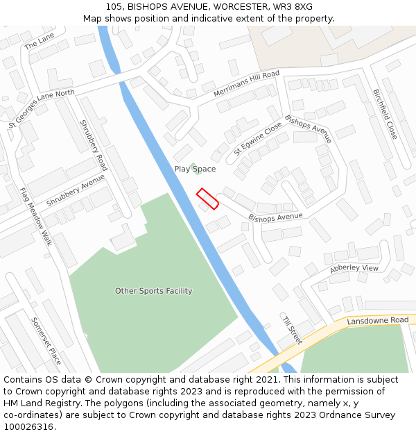 105, BISHOPS AVENUE, WORCESTER, WR3 8XG: Location map and indicative extent of plot