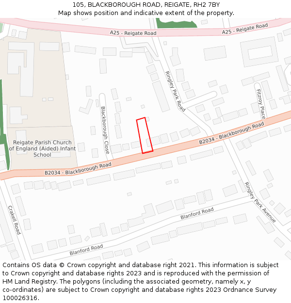 105, BLACKBOROUGH ROAD, REIGATE, RH2 7BY: Location map and indicative extent of plot