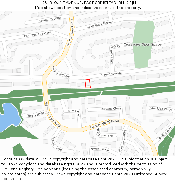 105, BLOUNT AVENUE, EAST GRINSTEAD, RH19 1JN: Location map and indicative extent of plot