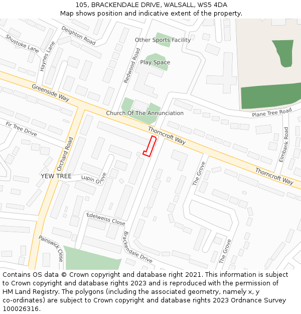 105, BRACKENDALE DRIVE, WALSALL, WS5 4DA: Location map and indicative extent of plot