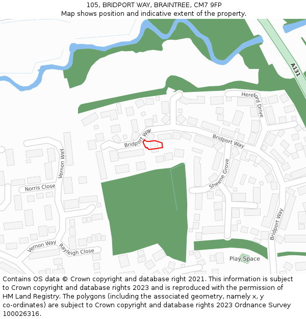 105, BRIDPORT WAY, BRAINTREE, CM7 9FP: Location map and indicative extent of plot