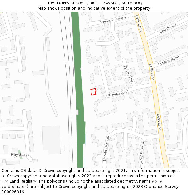 105, BUNYAN ROAD, BIGGLESWADE, SG18 8QQ: Location map and indicative extent of plot