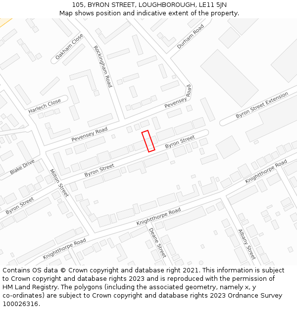 105, BYRON STREET, LOUGHBOROUGH, LE11 5JN: Location map and indicative extent of plot