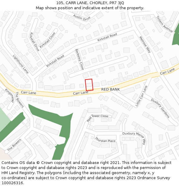 105, CARR LANE, CHORLEY, PR7 3JQ: Location map and indicative extent of plot