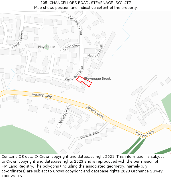 105, CHANCELLORS ROAD, STEVENAGE, SG1 4TZ: Location map and indicative extent of plot