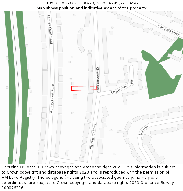 105, CHARMOUTH ROAD, ST ALBANS, AL1 4SG: Location map and indicative extent of plot