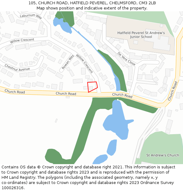 105, CHURCH ROAD, HATFIELD PEVEREL, CHELMSFORD, CM3 2LB: Location map and indicative extent of plot