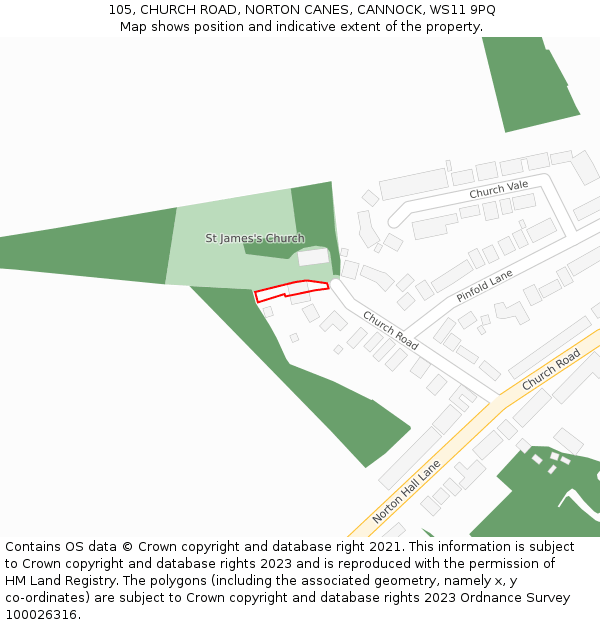105, CHURCH ROAD, NORTON CANES, CANNOCK, WS11 9PQ: Location map and indicative extent of plot