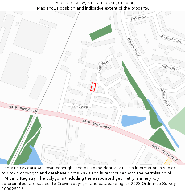 105, COURT VIEW, STONEHOUSE, GL10 3PJ: Location map and indicative extent of plot