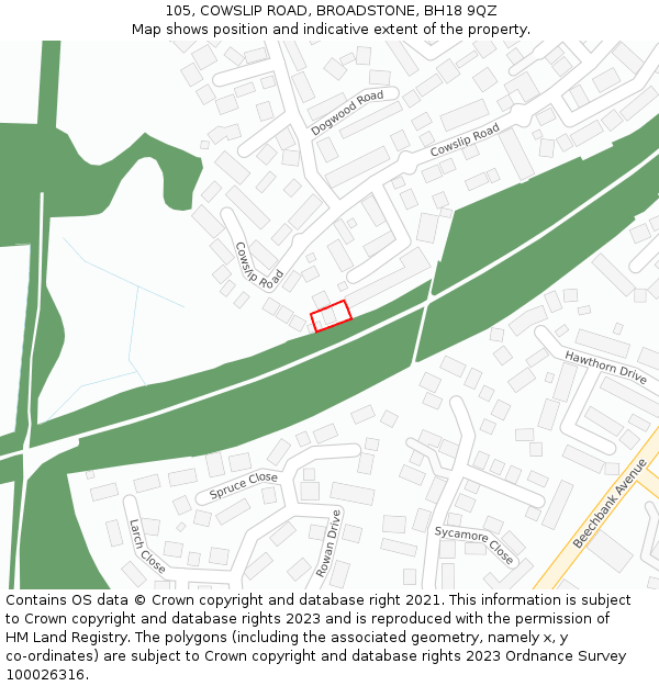 105, COWSLIP ROAD, BROADSTONE, BH18 9QZ: Location map and indicative extent of plot