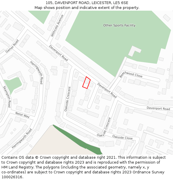 105, DAVENPORT ROAD, LEICESTER, LE5 6SE: Location map and indicative extent of plot