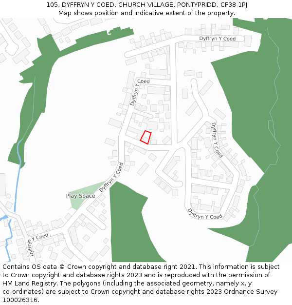 105, DYFFRYN Y COED, CHURCH VILLAGE, PONTYPRIDD, CF38 1PJ: Location map and indicative extent of plot