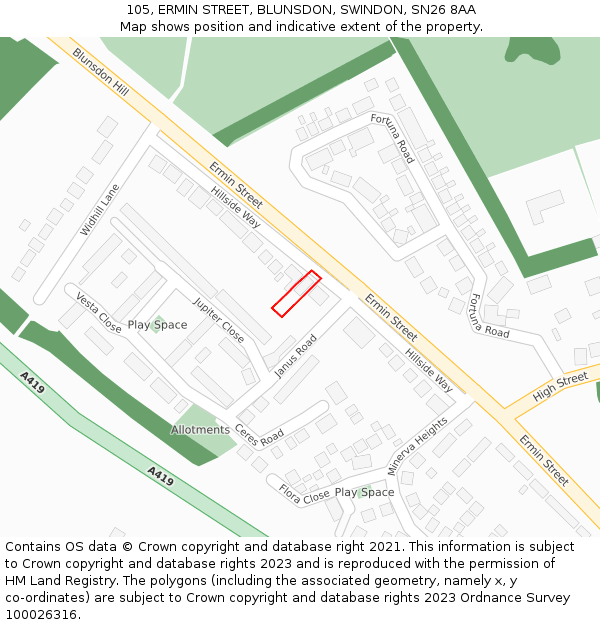 105, ERMIN STREET, BLUNSDON, SWINDON, SN26 8AA: Location map and indicative extent of plot