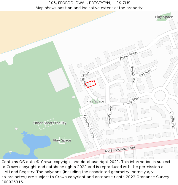 105, FFORDD IDWAL, PRESTATYN, LL19 7US: Location map and indicative extent of plot