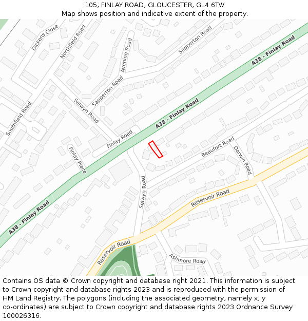 105, FINLAY ROAD, GLOUCESTER, GL4 6TW: Location map and indicative extent of plot