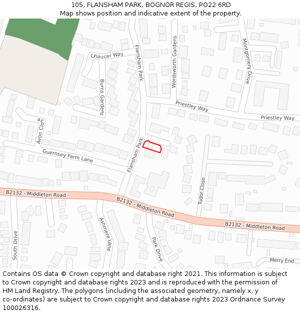 105, FLANSHAM PARK, BOGNOR REGIS, PO22 6RD: Location map and indicative extent of plot