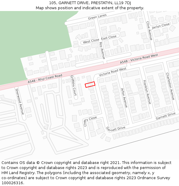 105, GARNETT DRIVE, PRESTATYN, LL19 7DJ: Location map and indicative extent of plot