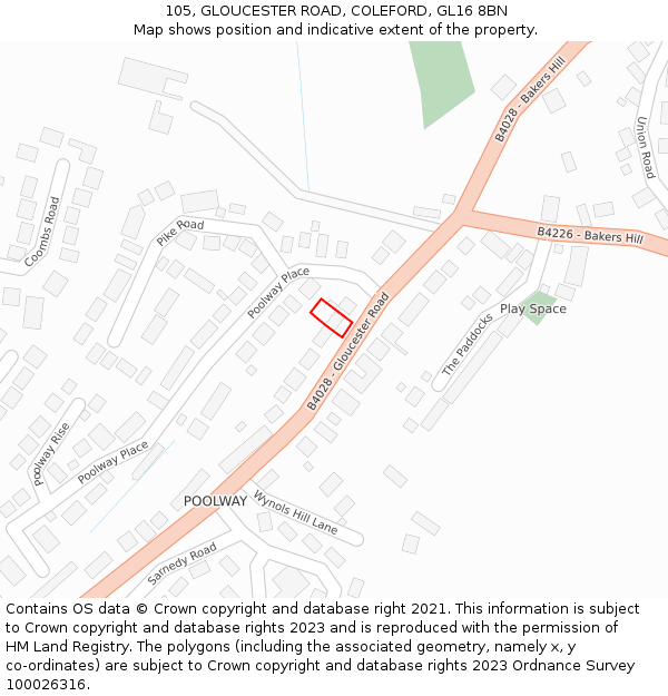 105, GLOUCESTER ROAD, COLEFORD, GL16 8BN: Location map and indicative extent of plot