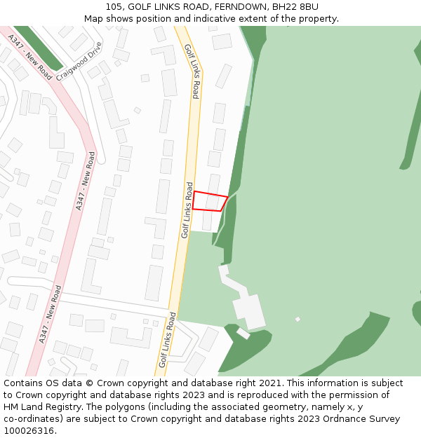 105, GOLF LINKS ROAD, FERNDOWN, BH22 8BU: Location map and indicative extent of plot