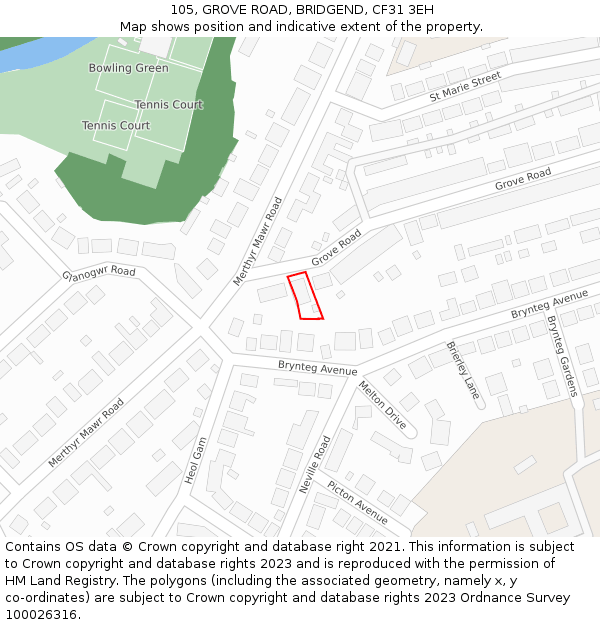 105, GROVE ROAD, BRIDGEND, CF31 3EH: Location map and indicative extent of plot