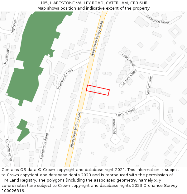 105, HARESTONE VALLEY ROAD, CATERHAM, CR3 6HR: Location map and indicative extent of plot