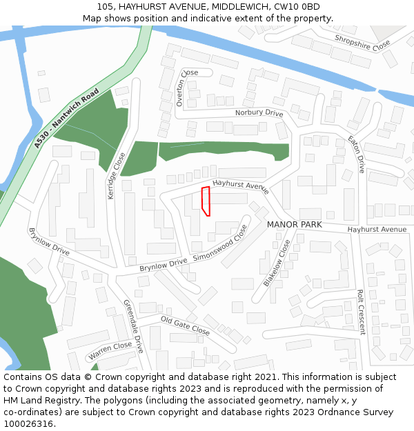 105, HAYHURST AVENUE, MIDDLEWICH, CW10 0BD: Location map and indicative extent of plot