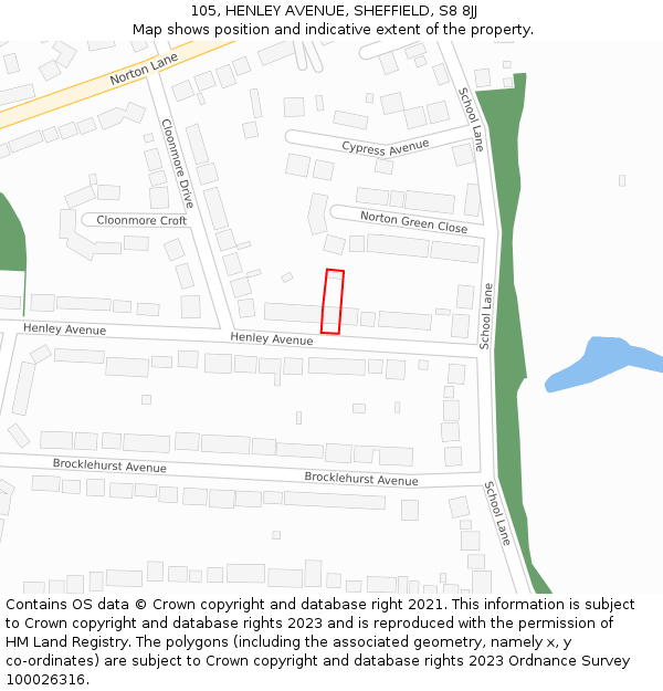 105, HENLEY AVENUE, SHEFFIELD, S8 8JJ: Location map and indicative extent of plot