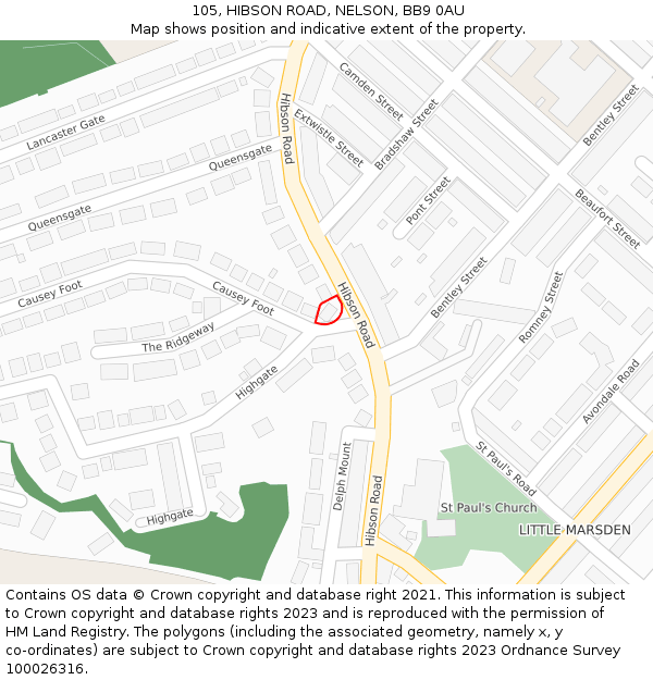 105, HIBSON ROAD, NELSON, BB9 0AU: Location map and indicative extent of plot