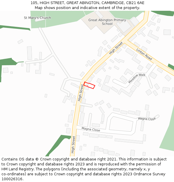 105, HIGH STREET, GREAT ABINGTON, CAMBRIDGE, CB21 6AE: Location map and indicative extent of plot
