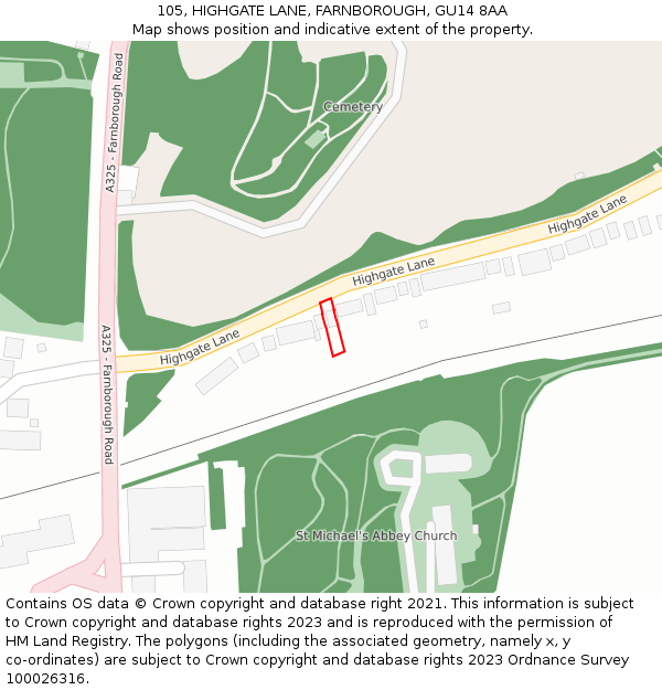 105, HIGHGATE LANE, FARNBOROUGH, GU14 8AA: Location map and indicative extent of plot