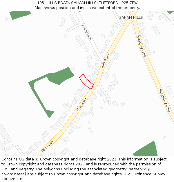 105, HILLS ROAD, SAHAM HILLS, THETFORD, IP25 7EW: Location map and indicative extent of plot